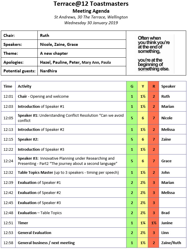 Toastmasters Meeting 30th Jan – a new chapter