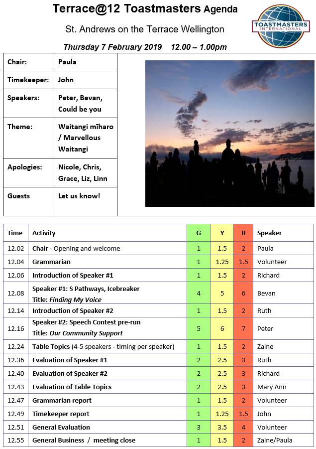 Toastmaster Meeting 7th Feb – Marvelous Waitangi